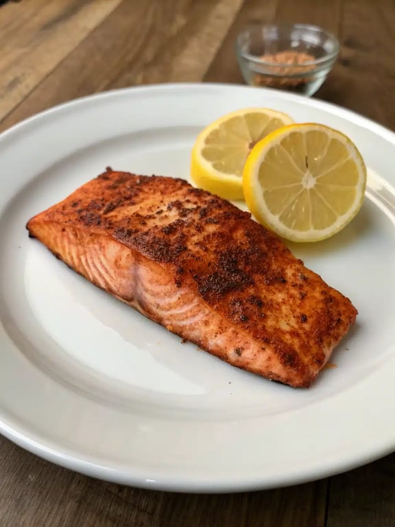 baked cajun salmon plated with lemon wedges and fresh herbs