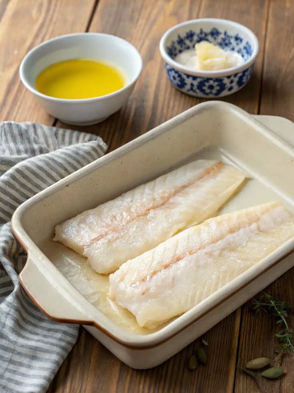 Step 2 for baked cod recipe — whisking the butter, oil, and seasoning sauce