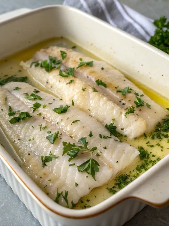 baked cod recipe plated with lemon slices and fresh herbs alongside roasted vegetables