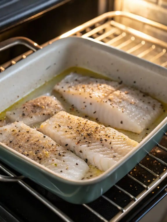 Final step for baked cod recipe, plated beautifully with lemon wedges