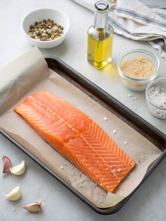 Step 2 for baked salmon recipe — process in progress