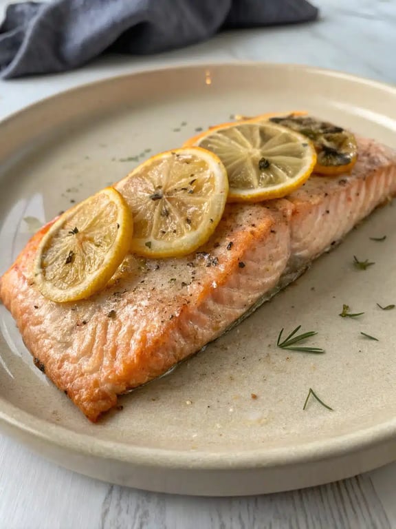 Beautifully plated baked salmon recipe with lemon slices and fresh dill garnish