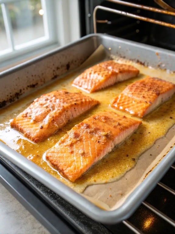 Final step for bang bang salmon — plated and ready with a drizzle of sauce
