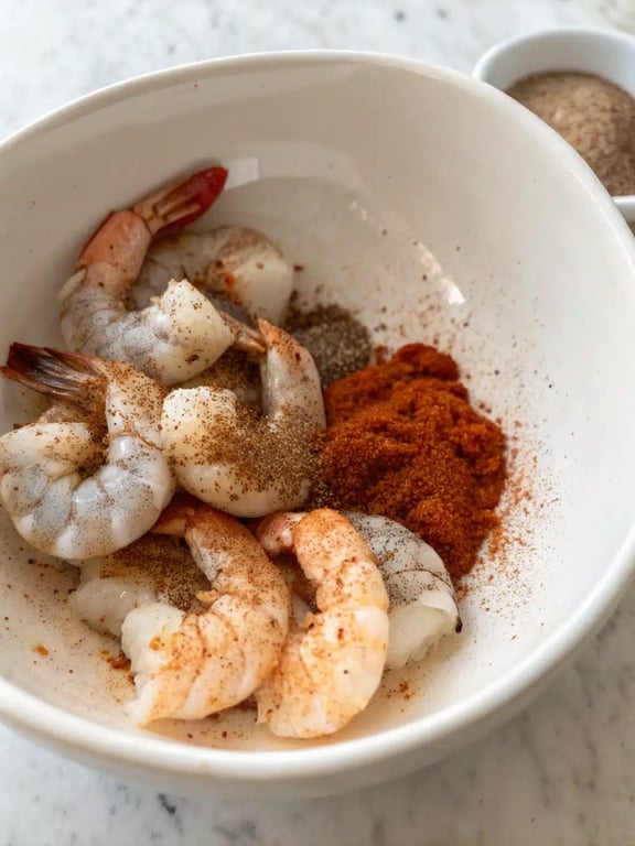 Step 2 for blackened shrimp stroganoff — shrimp blackening in a skillet