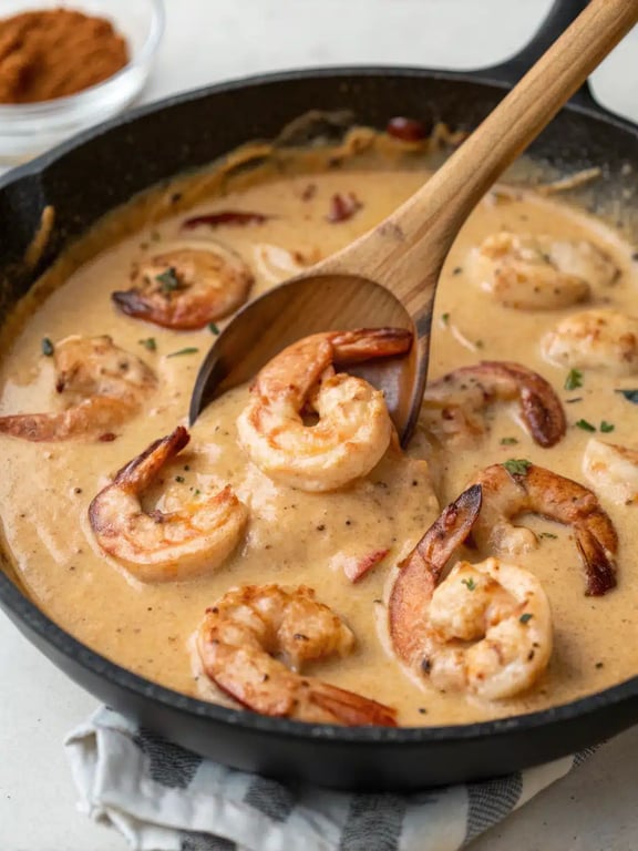 Final step for blackened shrimp stroganoff — plated over noodles with parsley garnish