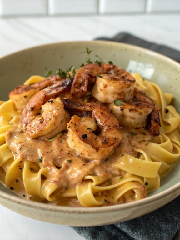 blackened shrimp stroganoff plated in a shallow bowl with parsley garnish