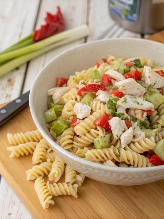 Step 4 for Cajun crab pasta salad — folding pasta into the crab and vegetable mixture