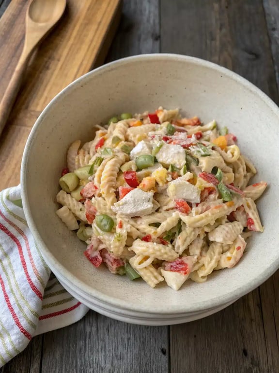 Final step for Cajun crab pasta salad — beautifully plated and ready to eat