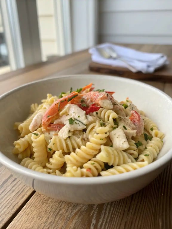 Cajun crab pasta salad beautifully plated on a table with lemon wedges and fresh herbs