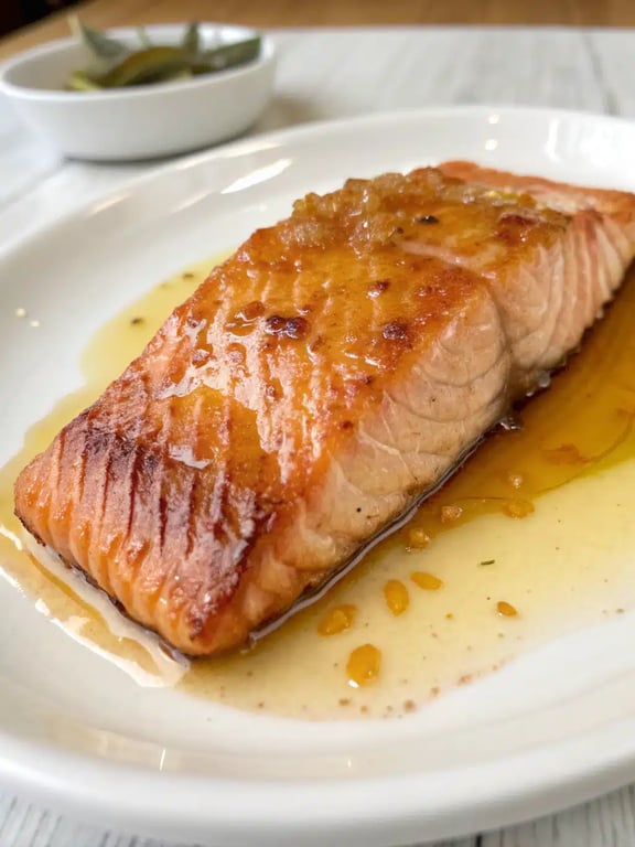 Cajun honey butter salmon plated with rice and roasted vegetables