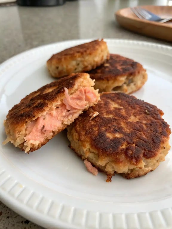 canned salmon patties plated with lemon and fresh herbs