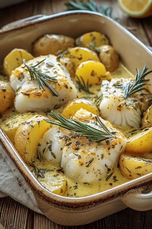 Cod and Potatoes in Rosemary Cream Sauce (Easy 50 Min)
