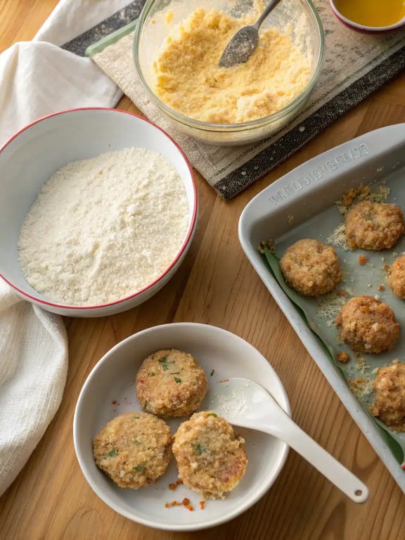 Step 4 for crab crunchies recipe — testing oil temperature with a breadcrumb