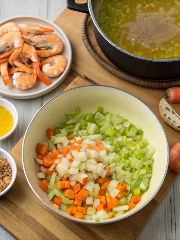 Making a roux for crab shrimp bisque by cooking flour with vegetables