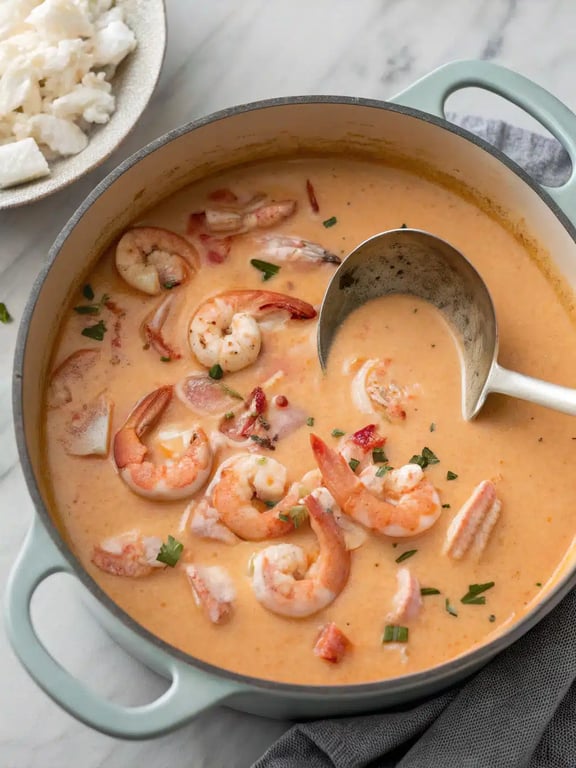 Finished bowl of crab shrimp bisque with a parsley garnish, ready to eat