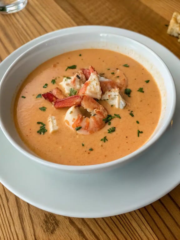 An elegant table setting with a bowl of crab shrimp bisque, crusty bread, and a side salad