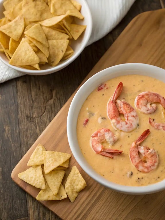 crawfish queso recipe served in a rustic bowl with tortilla chips and garnishes