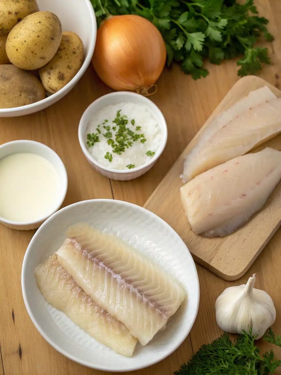 creamy cod potatoes ingredients creamy cod potatoes ingredients arranged on the counter
