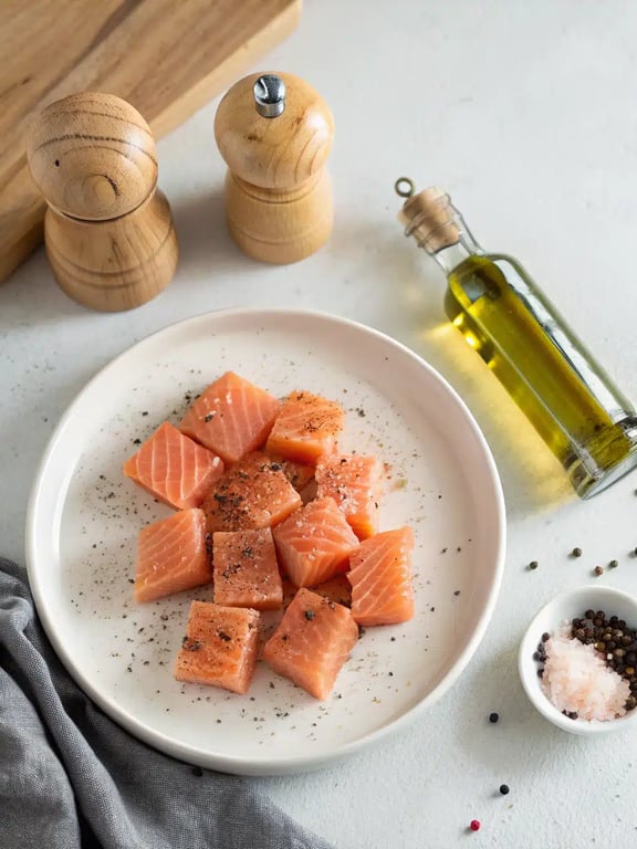 Step 2 for creamy salmon pasta — seasoned salmon cubes ready to be seared in a skillet