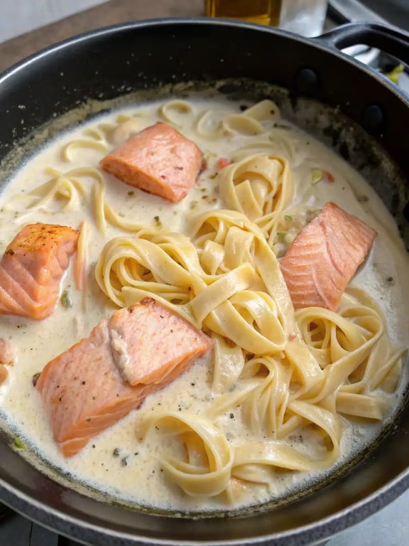 Final step for creamy salmon pasta — plated and ready to eat in a bowl