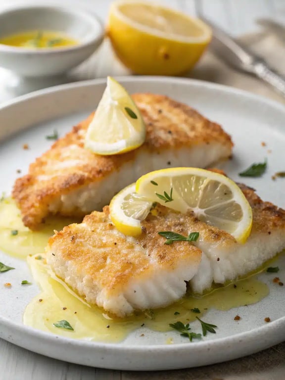 crispy lemon cod plated with lemon wedges and fresh herbs