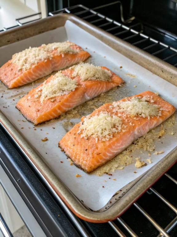 Final step for crispy parmesan salmon — plated and ready