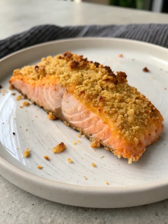 crispy parmesan salmon plated with roasted vegetables and lemon wedges