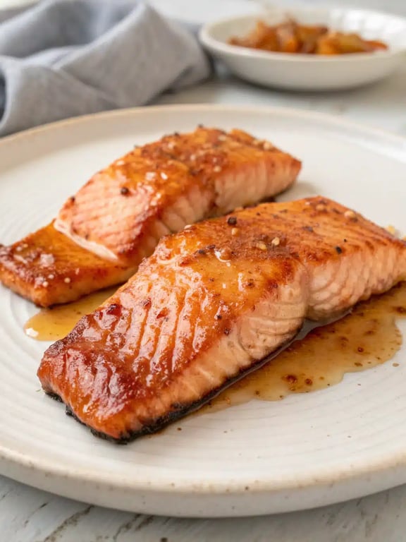 honey garlic salmon plated with rice and roasted vegetables