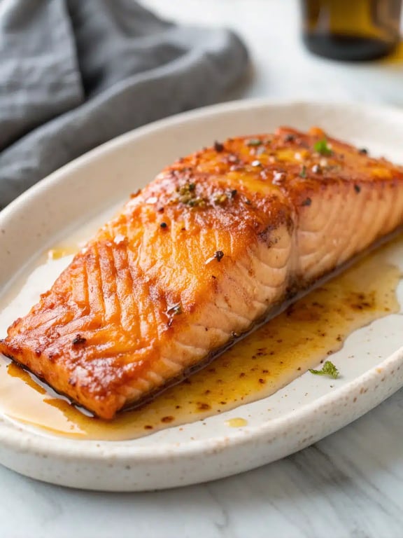 honey garlic salmon plated with rice and roasted asparagus