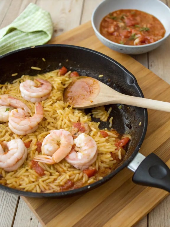 Final step for lemon feta shrimp orzo — plated and ready
