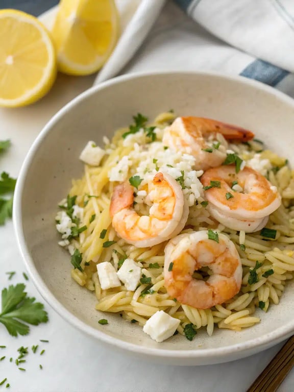 lemon feta shrimp orzo served family-style in a skillet with salad and bread