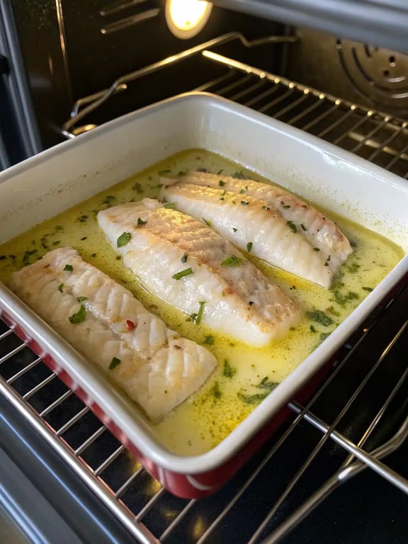 Final step for lemon garlic cod — plated and ready with lemon slices and parsley