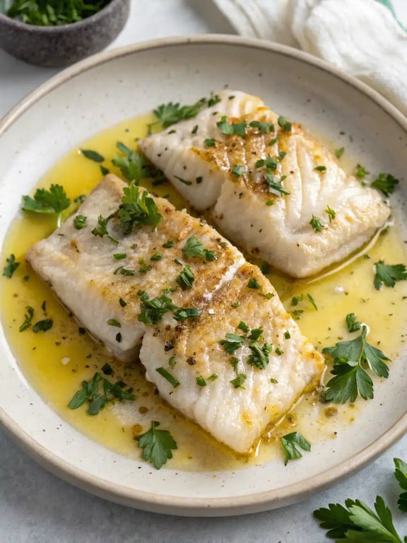 lemon garlic cod plated with roasted asparagus and lemon wedges for a complete meal