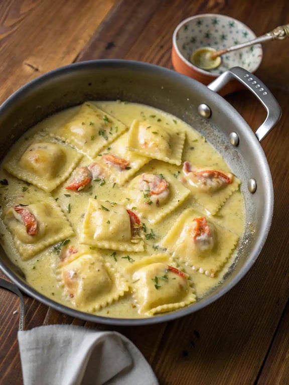 Final step for lobster ravioli recipe — plated and ready