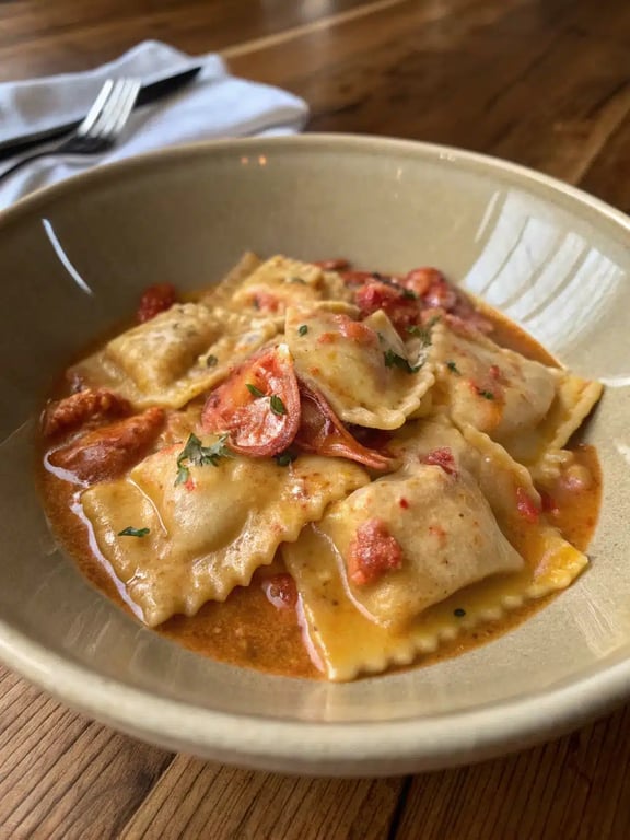 lobster ravioli recipe plated elegantly with sauce and garnish