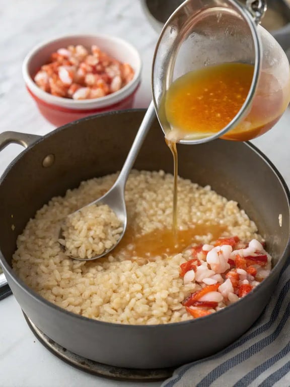 Step 4 for lobster risotto recipe — folding in lobster meat and cheese