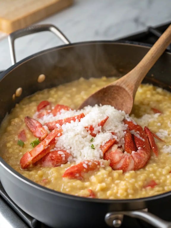 Final step for lobster risotto recipe — plated in a bowl, garnished with parsley