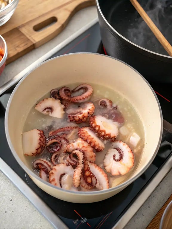 Final step for marinated octopus salad — the finished salad plated elegantly, ready to serve
