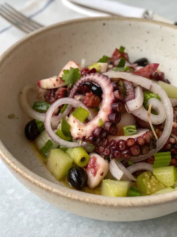 A beautifully arranged platter of marinated octopus salad with lemon wedges and fresh herbs for serving