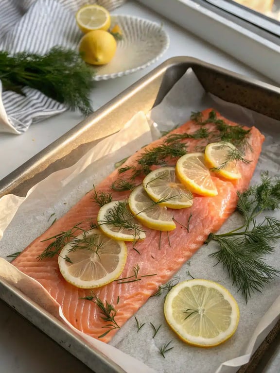 Final step for oven baked salmon — plated and ready