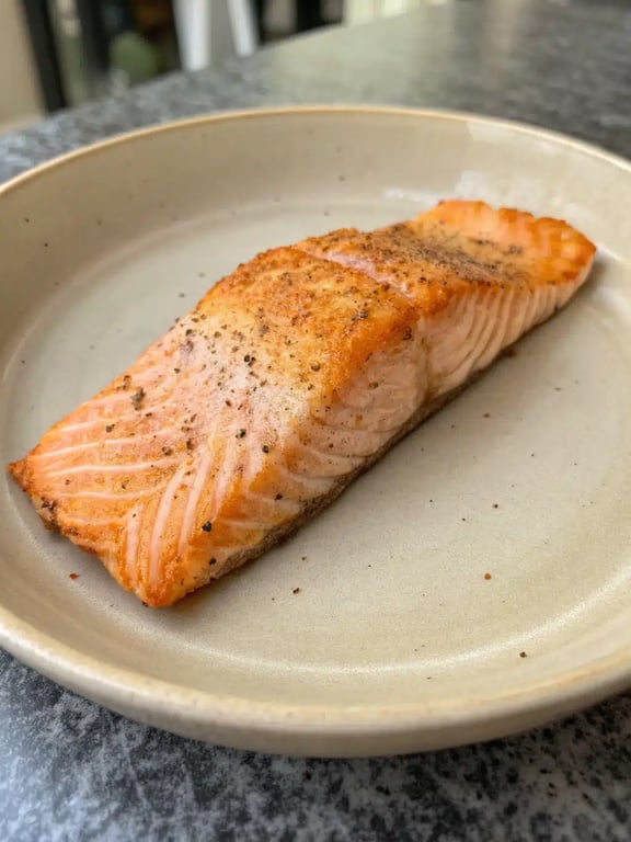A beautifully plated oven baked salmon with lemon slices and fresh dill, served with roasted asparagus and potatoes