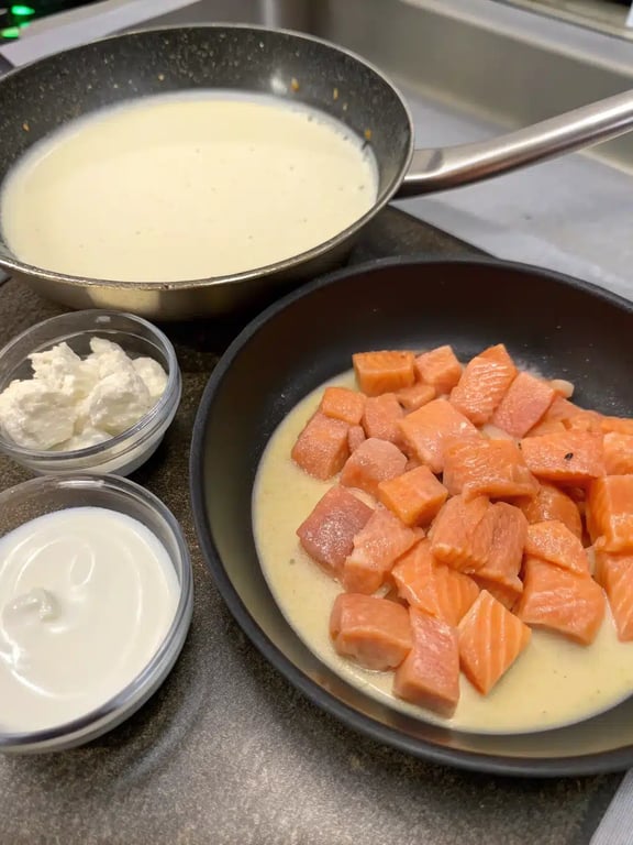 Stirring parmesan and seasonings into the creamy base for salmon cream sauce