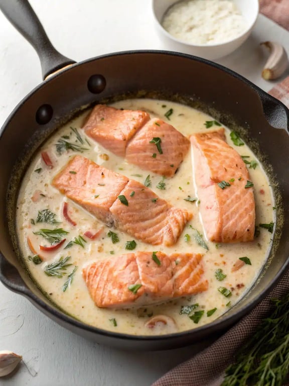 Finished salmon cream sauce with flaky salmon pieces in a creamy dill sauce
