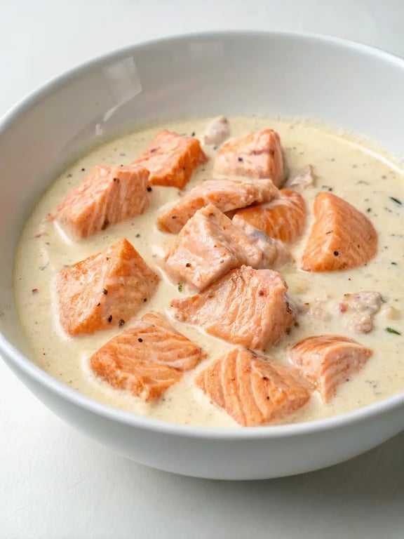 Salmon cream sauce elegantly served over fettuccine pasta in a shallow white bowl