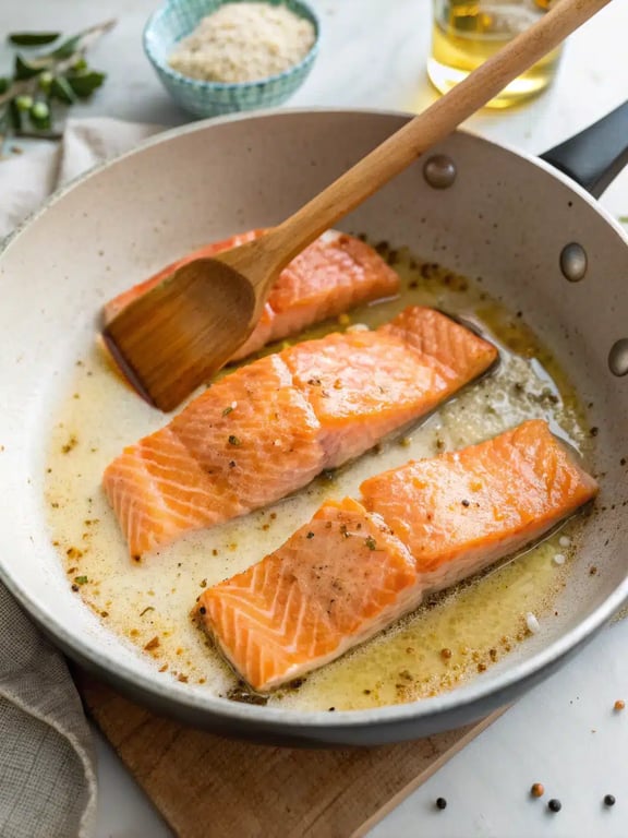 Final step for salmon garlic butter sauce — plated and ready