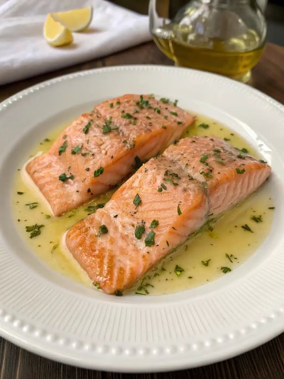 salmon garlic butter sauce plated with rice and roasted vegetables