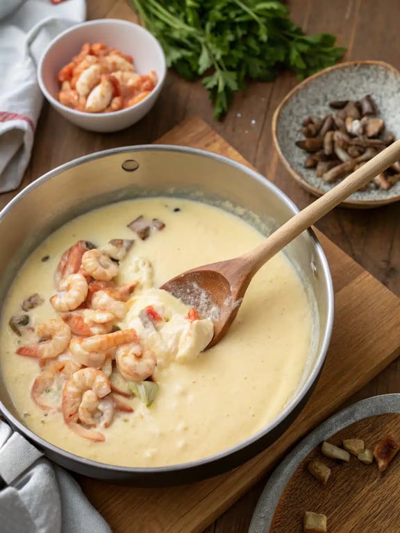 Step 4 for seafood gratin recipe — texture check