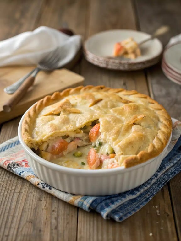 A beautifully plated Seafood Pot Pie with a side salad on a rustic table