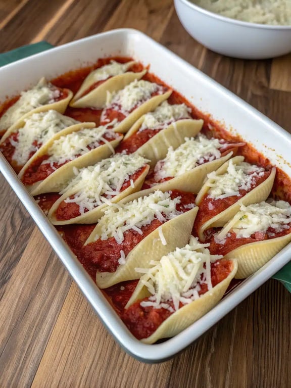 A finished baking dish of golden, bubbly seafood stuffed shells ready to serve