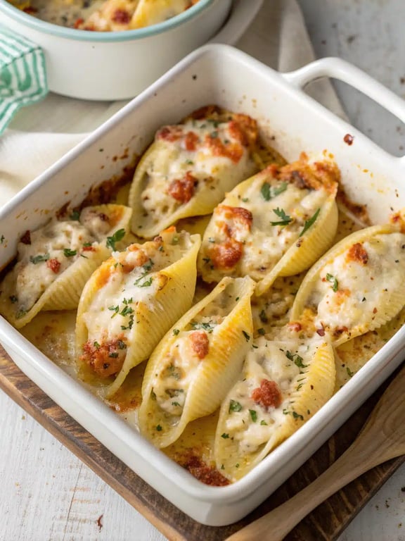A beautifully plated serving of seafood stuffed shells with a side salad and crusty bread